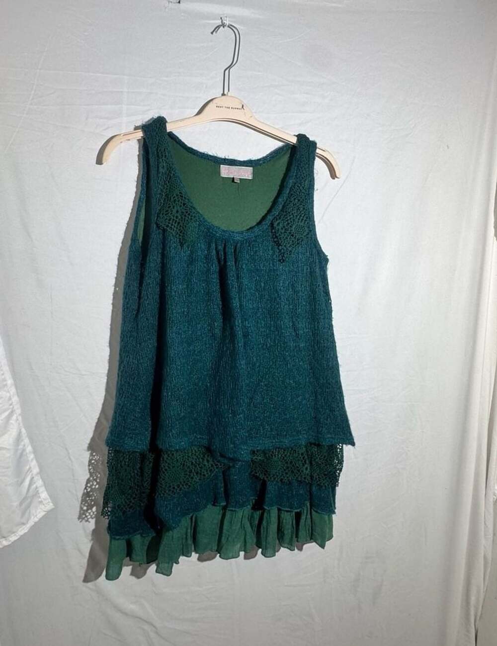Dresses Angel Tunic Dress XL Womens Green Knit Tiered Crochet Lace Boho Sleevele